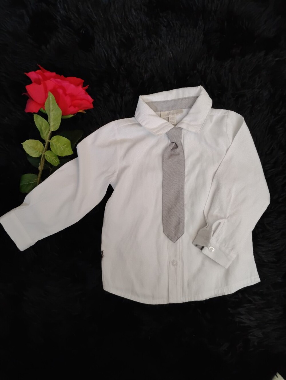 Baby White Button-Up Shirt with Attached Gray Tie (18m)